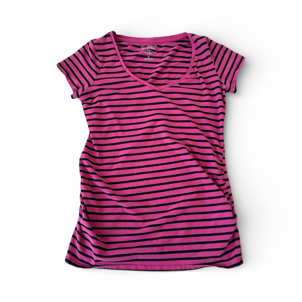 Motherhood Maternity Small Ruched Side Tee Pink Striped V Neck Pregnancy Top
